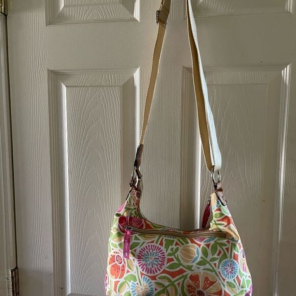 Lily Bloom multi color pastel fabric crossbody bag with tan faux leather trims - Picture 7 of 15